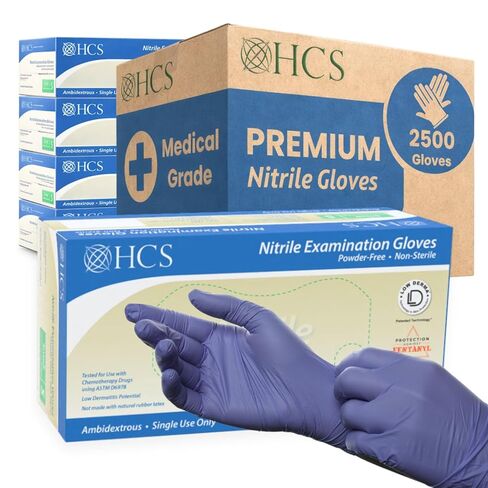 قفازات نيتريل HCS 250 - يمكن التخلص منها، خالية من اللاتكس - (المزيد في كل صندوق) للبشرة الحساسة، حماية من الفنتانيل والعلاج الكيميائي - قفاز الفحص الطبي، 4 مل - قفاز مطاطي، خالي من البودرة - قفازات النتريل للاستعمال مرة واحدة، متوسط in Kuwait