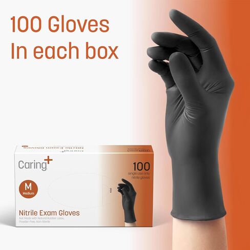 Caring Black Nitrile Exam Gloves, 100 Count, Powder Free and Without Natural Rubber Latex, Gloves for Cleaning, and Cooking in Kuwait