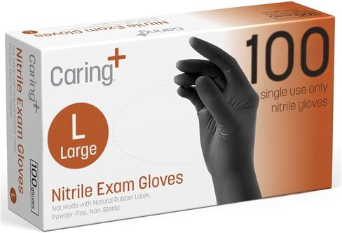 Caring Black Nitrile Exam Gloves, 100 Count, Powder Free and Without Natural Rubber Latex, Gloves for Cleaning, and Cooking in Kuwait