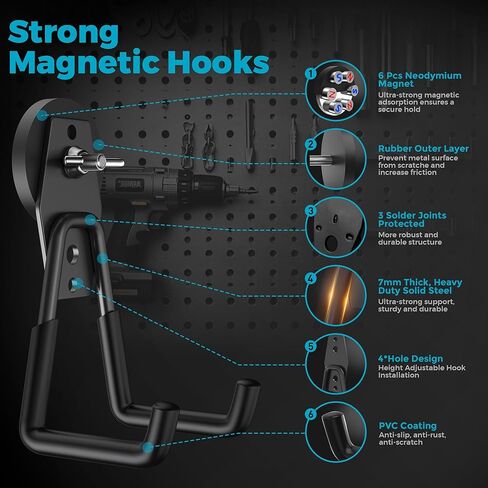 4 عبوات كبيرة من السنانير المغناطيسية القوية شديدة التحمل للمرآب وخطاطيف مغناطيسية كبيرة قوة إضافية وشماعة تخزين مغناطيسية مع طلاء مضاد للانزلاق للحديقة في الأماكن المغلقة وأدوات التعليق باللون الأسود in Kuwait