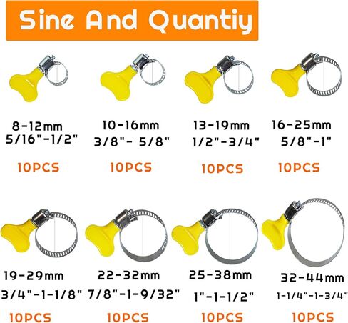 مجموعة متنوعة من مشابك خرطوم الفولاذ المقاوم للصدأ - 80 قطعة، قابلة للتعديل (8-44 مم) مشابك خط الوقود المعدنية للسباكة والسيارات والتطبيقات الميكانيكية مشبك الأنابيب in Kuwait
