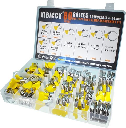 مجموعة متنوعة من مشابك خرطوم الفولاذ المقاوم للصدأ - 80 قطعة، قابلة للتعديل (8-44 مم) مشابك خط الوقود المعدنية للسباكة والسيارات والتطبيقات الميكانيكية مشبك الأنابيب in Kuwait