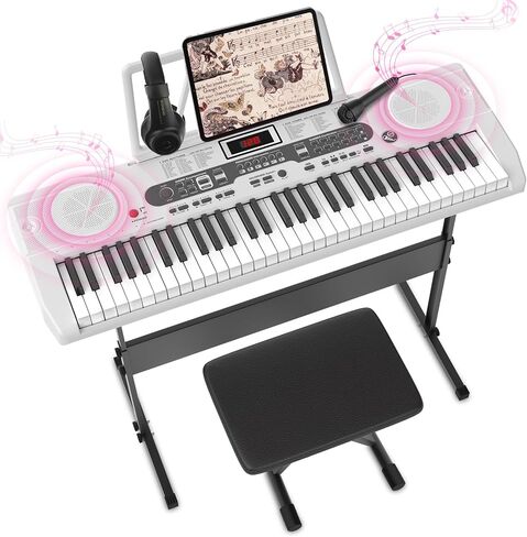 Piano Keyboard for Beginner, 61 Key Electric Keyboard Piano with Keyboard Stand, Piano Bench, Microphone, Headphone, Sheet Music Stand, LED Screen, Dual-Speakers, Teaching Modes (Black) in Saudi Arabia