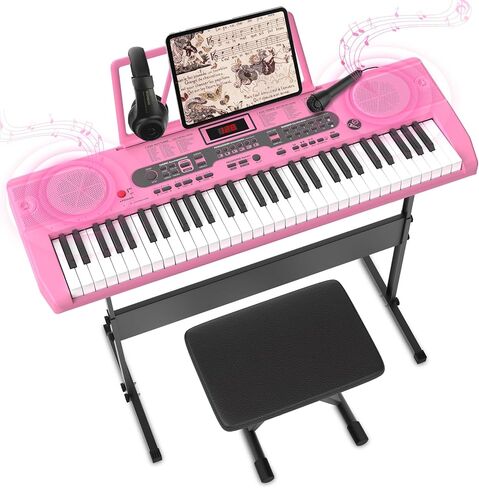 Piano Keyboard for Beginner, 61 Key Electric Keyboard Piano with Keyboard Stand, Piano Bench, Microphone, Headphone, Sheet Music Stand, LED Screen, Dual-Speakers, Teaching Modes (Black) in Saudi Arabia