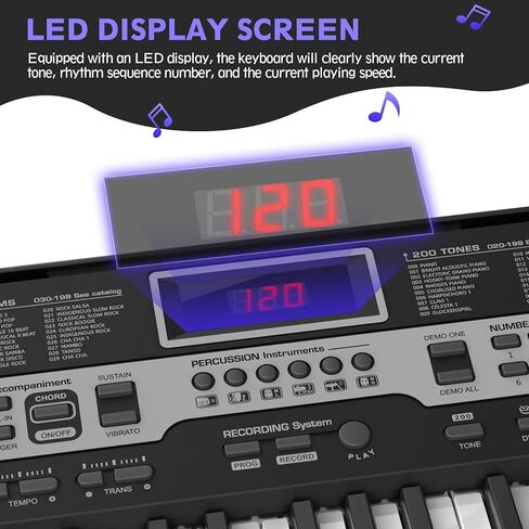 Piano Keyboard for Beginner, 61 Key Electric Keyboard Piano with Keyboard Stand, Piano Bench, Microphone, Headphone, Sheet Music Stand, LED Screen, Dual-Speakers, Teaching Modes (Black) in Saudi Arabia
