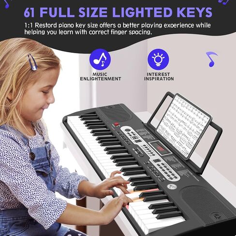 Piano Keyboard for Beginner, 61 Key Electric Keyboard Piano with Keyboard Stand, Piano Bench, Microphone, Headphone, Sheet Music Stand, LED Screen, Dual-Speakers, Teaching Modes (Black) in Saudi Arabia