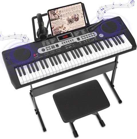 Piano Keyboard for Beginner, 61 Key Electric Keyboard Piano with Keyboard Stand, Piano Bench, Microphone, Headphone, Sheet Music Stand, LED Screen, Dual-Speakers, Teaching Modes (Black) in Saudi Arabia