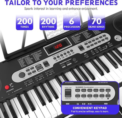 Piano Keyboard for Beginner, 61 Key Electric Keyboard Piano with Keyboard Stand, Piano Bench, Microphone, Headphone, Sheet Music Stand, LED Screen, Dual-Speakers, Teaching Modes (Black) in Saudi Arabia