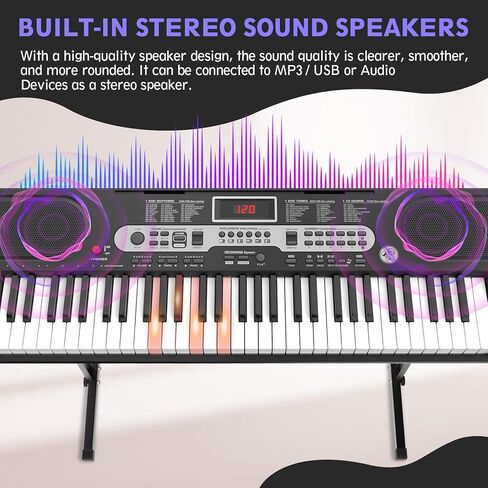 Piano Keyboard for Beginner, 61 Key Electric Keyboard Piano with Keyboard Stand, Piano Bench, Microphone, Headphone, Sheet Music Stand, LED Screen, Dual-Speakers, Teaching Modes (Black) in Saudi Arabia