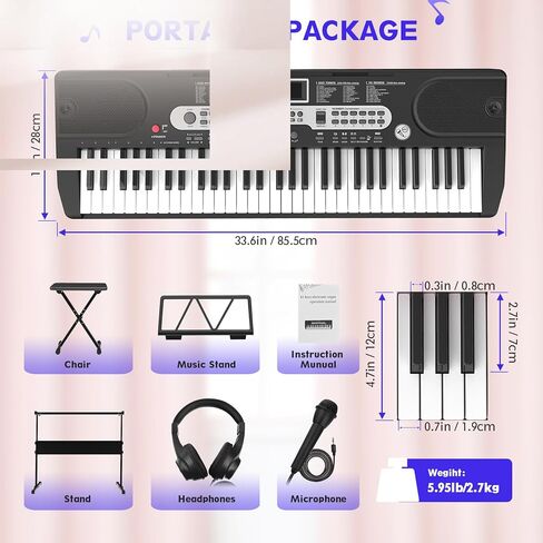 Piano Keyboard for Beginner, 61 Key Electric Keyboard Piano with Keyboard Stand, Piano Bench, Microphone, Headphone, Sheet Music Stand, LED Screen, Dual-Speakers, Teaching Modes (Black) in Saudi Arabia