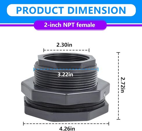 قطعتان من تركيبات الحاجز البلاستيكية مقاس 5 سم (خيوط NPT)، مجموعة موصلات خزان المياه للسباكة شديدة التحمل مع أختام معززة لبراميل المطر وخزانات المياه وأحواض السمك والأحواض وحمامات السباحة in Kuwait