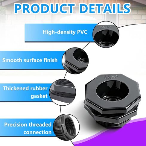 قطعتان من تركيبات الحاجز البلاستيكية مقاس 5 سم (خيوط NPT)، مجموعة موصلات خزان المياه للسباكة شديدة التحمل مع أختام معززة لبراميل المطر وخزانات المياه وأحواض السمك والأحواض وحمامات السباحة in Kuwait
