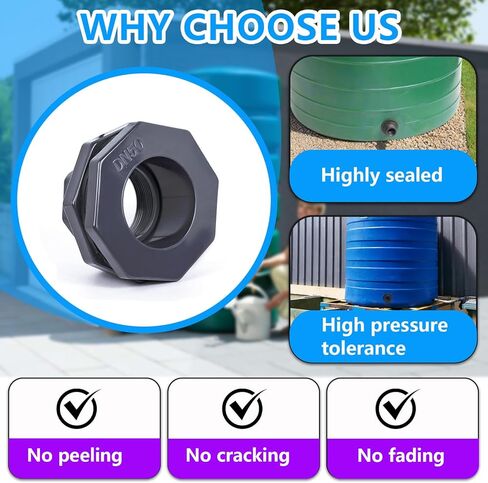 قطعتان من تركيبات الحاجز البلاستيكية مقاس 5 سم (خيوط NPT)، مجموعة موصلات خزان المياه للسباكة شديدة التحمل مع أختام معززة لبراميل المطر وخزانات المياه وأحواض السمك والأحواض وحمامات السباحة in Kuwait
