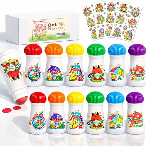 NewFamily DIY علامات نقطة قابلة للغسل للأطفال الصغار 1-3، 6 عبوات من فطر البنغو مع صفحات وملصقات نشاط PDF، طلاء نقطي خالٍ من الفوضى للأطفال in Kuwait