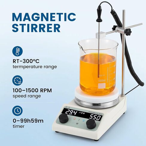 لوح تسخين مغناطيسي 3 لتر من باوشيشان مع مؤقت وتحكم في درجة الحرارة، 300 درجة مئوية / 572 درجة فهرنهايت، لوح مطلي بالسيراميك، 100-1500 دورة في الدقيقة، خلاط معمل مع مسبار، عكس تلقائي، قفل أمان وحامل دعم، 110 فولت in Kuwait