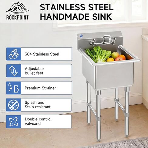 ROCKPOINT Stainless Steel Prep & Utility Sink with 8" Faucet, 1 Compartment Commercial Handmade Sink with 15" D x 15" W x 12" H Bowl for Restaurant,Kitchen,Laundry,Hotel and Home in Kuwait