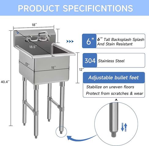 ROCKPOINT Stainless Steel Prep & Utility Sink with 8" Faucet, 1 Compartment Commercial Handmade Sink with 15" D x 15" W x 12" H Bowl for Restaurant,Kitchen,Laundry,Hotel and Home in Kuwait