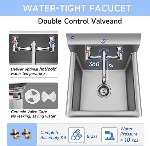ROCKPOINT Stainless Steel Prep & Utility Sink with 8" Faucet, 1 Compartment Commercial Handmade Sink with 15" D x 15" W x 12" H Bowl for Restaurant,Kitchen,Laundry,Hotel and Home in Kuwait