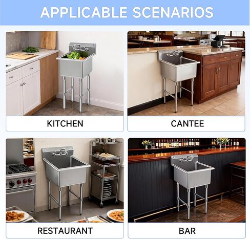 ROCKPOINT Stainless Steel Prep & Utility Sink with 8" Faucet, 1 Compartment Commercial Handmade Sink with 15" D x 15" W x 12" H Bowl for Restaurant,Kitchen,Laundry,Hotel and Home in Kuwait