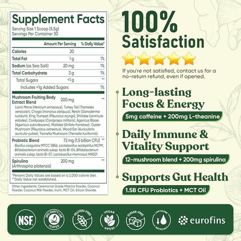 Venture Pal SUPERFOODS Mushroom Matcha Powder – 12 Adaptogenic Mushroom Coffee Alternative with 1.5B Probiotics & L-Theanine, First Harvest Ceremonial Matcha for Focus & Energy, 30 Servings in Kuwait