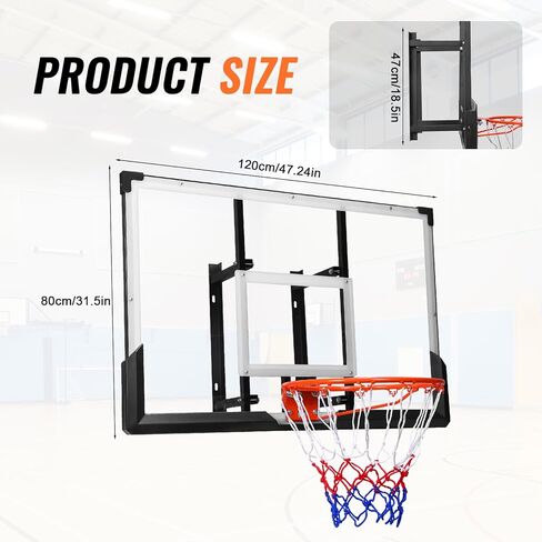 47-Inch Wall Mounted Basketball Hoop, Reinforced Shatter-Proof Backboard Basketball Goal Combo Kit, Wall Mounted Indoor Outdoor Basketball Hoop for Garage Fitness Center Barn Gym in Kuwait