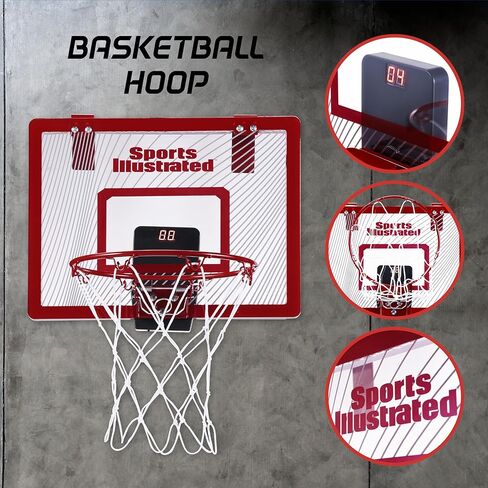 Sports Illustrated - طوق كرة السلة مقاس XL، ارتفاع قابل للتعديل وعداد نتائج تلقائي، مجموعة كاملة مع كرة ومضخة للعب الداخلي والخارجي in Kuwait