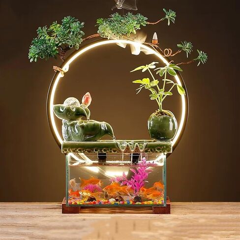 Small Fish Tank Glass Fish Tank with Light Circle Flowing Fish Tank Rectangular Transparent Glass Aquarium Home Desktop Fountain Ornaments Fish Tank Kit in Saudi Arabia