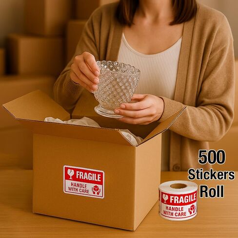 Fragile Stickers 3 x 2 Inch – Waterproof Handle with Care Labels for Shipping and Moving - 500 Strong Adhesive Stickers per Roll in Kuwait