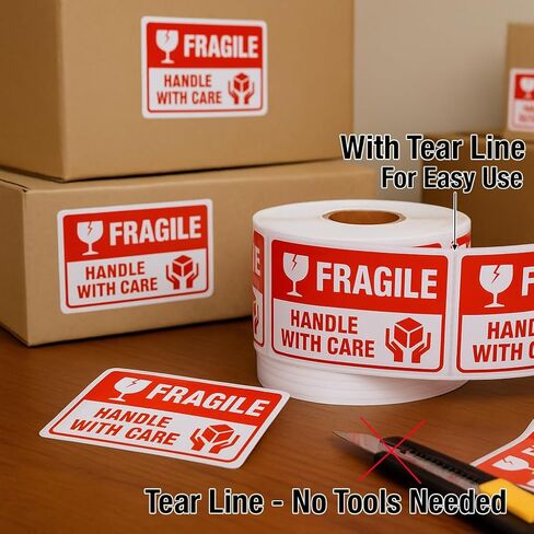 Fragile Stickers 3 x 2 Inch – Waterproof Handle with Care Labels for Shipping and Moving - 500 Strong Adhesive Stickers per Roll in Kuwait