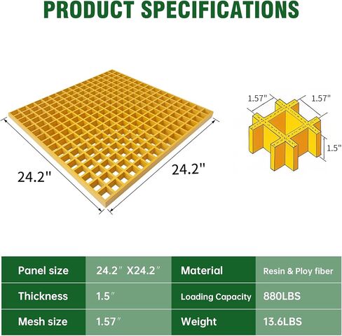 Fiberglass Molded Grating - 1.5''x1.5''x1.5'' Fiberglass Bar Grille Plate, Heavy Duty FRP Industrial Square Grate Panel for Car Wash, Decks, Stairs, and Garage (1.64'x1.64') in Kuwait