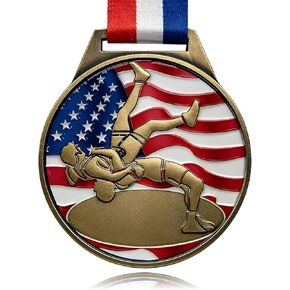 Patriotic Wrestling Medal, Gold - 1st Place - 3 Inch Zinc Alloy American Flag Wrestling Medal - Prestigious Award for Wrestling Tournaments, Competitions & Athletes in Kuwait