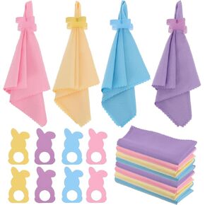 16 Pcs Easter Napkin Rings and Easter Napkins Cloth -Wood Rabbit Bunny Napkin Rings Holders Set Pastel Cloth Napkins for Easter Spring Holiday Dinning Table Dinner Decoration in Kuwait