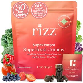 Rizz Sugar-Free Green Gummies - 60+ Superfoods 6g Fiber - Prebiotic and Probiotic Gummies - Vegan Multivitamins for Women & Men - Gluten Free - Mushroom, Fruit and Vegetable Supplements -30 Day Supply in Saudi Arabia