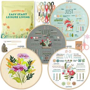 4 Pack Embroidery Kit for Beginners Adults, 34 Stitch Techniques with Floral Patterns, Complete DIY Kit with Stamped Patterns, Hoop, Colorful Threads, Tools, Step by Step Instructions & Video Tutorial in Kuwait
