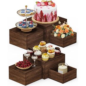 6 قطع من حاملات البوفيه الخشبية، حوامل كب كيك خشبية ريفية، حاملات طعام مربعة لطاولة البوفيه، مجموعة عرض طاولة الحلوى، صناديق خشبية قابلة للتكديس للحفلات، الديكور، الزفاف، أعياد الميلاد in Kuwait