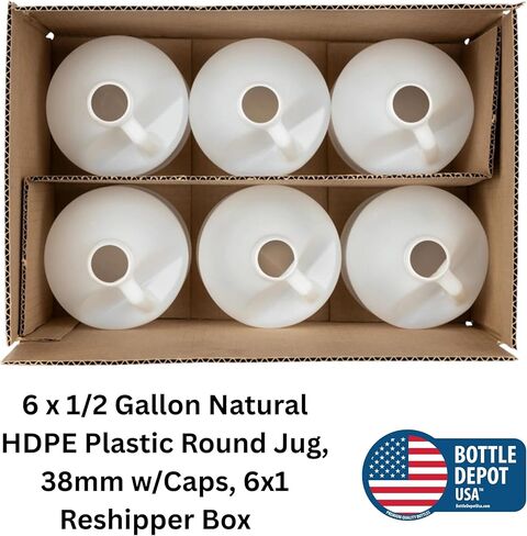 إبريق بلاستيك دائري سعة 1/2 جالون مع غطاء، HDPE، طبيعي، 6 عبوات - صفقة قيمة - صنع في الولايات المتحدة الأمريكية in Kuwait