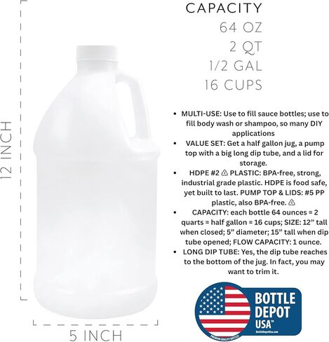 إبريق بلاستيك دائري سعة 1/2 جالون مع غطاء، HDPE، طبيعي، 6 عبوات - صفقة قيمة - صنع في الولايات المتحدة الأمريكية in Kuwait