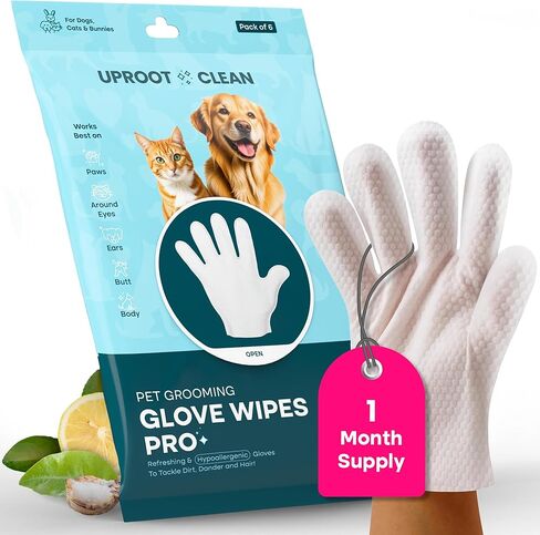 Uproot Clean Dog Cleaning Gloves: 1 Month Supply - Extra-Thick Pet Glove Wipes for Dogs & Cats - Easy Wipe Paws, Eyes, Ears, Butt, & Body - Lick-Safe - Cleaning, Deodorizing & Grooming (6 Pack) in Kuwait