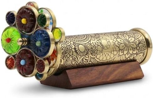 RII Handcrafted Etched Floral Pattern Lacquered Brass Kaleidoscope Includes Two Separate Turning Wheels-Unique Gift Ideas for Someone Special. (7""x1.25""), Gold in Kuwait