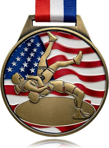 Patriotic Wrestling Medal, Gold - 1st Place - 3 Inch Zinc Alloy American Flag Wrestling Medal - Prestigious Award for Wrestling Tournaments, Competitions & Athletes in Kuwait