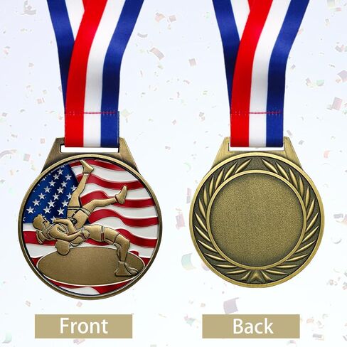 Patriotic Wrestling Medal, Gold - 1st Place - 3 Inch Zinc Alloy American Flag Wrestling Medal - Prestigious Award for Wrestling Tournaments, Competitions & Athletes in Kuwait