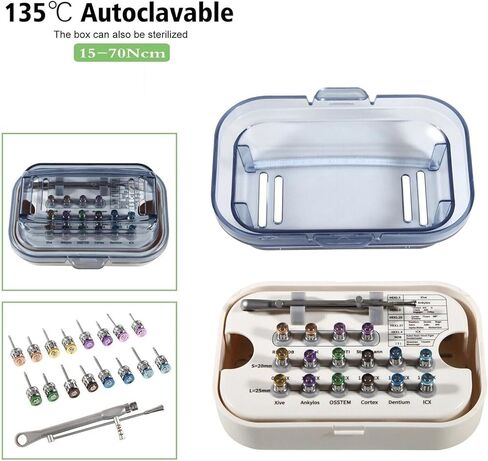 مجموعة أدوات زراعة الأسنان الاصطناعية العالمية الطويلة والقصيرة مع مفتاح عزم الدوران مقاس 10-70 نانومتر طقم مفك براغي ترميم (قابل للتعقيم بالكامل مصنوع من الفولاذ الفرنسي والبلاستيك عالي الجودة) in Kuwait