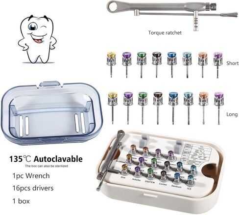 مجموعة أدوات زراعة الأسنان الاصطناعية العالمية الطويلة والقصيرة مع مفتاح عزم الدوران مقاس 10-70 نانومتر طقم مفك براغي ترميم (قابل للتعقيم بالكامل مصنوع من الفولاذ الفرنسي والبلاستيك عالي الجودة) in Kuwait