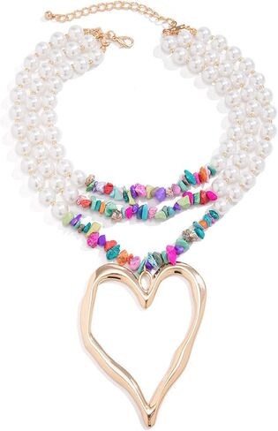 Chunky Layered Turquoise Pearls Heart Necklace for Women, Exaggerated Long Pearls Love Choker Multi Layering Statement Necklace Trendy Jewelry Gifts in Saudi Arabia