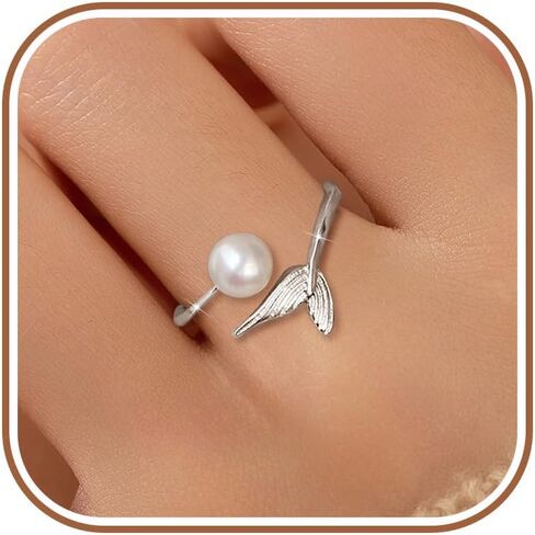 925 Sterling Silver Pearl Mermerid Tail Rings for Women Cute Adjustable Fish Whale Tail Stackable Ring Open Ocean Animals Statement Promise Ring Summer Birthday Jewelry Gifts to Daughter in Kuwait