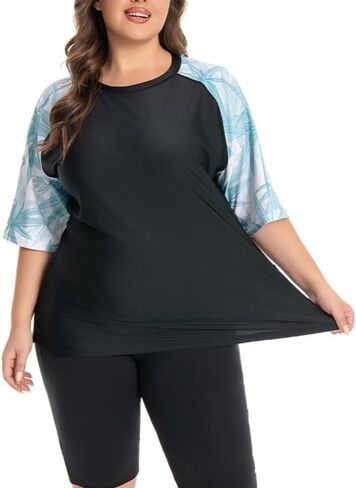 Women's Plus Size Rash Guard Swim Shirt UPF50+ Short Sleeve Sun Protection with Pockets | Tagless, Tummy Control & Mesh Vents in Saudi Arabia