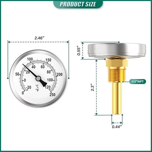 2PCS 0-250°F/-20-120℃, Bimetal Thermometer, 2.5" Dial Size, 1/2" Connection Thread, Lead-Free Brass Stem with Total Length of 2.3" Back Mount, Accuracy 2%, for hot Water, boilers, and Pipes in Kuwait