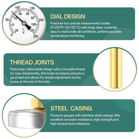 2PCS 0-250°F/-20-120℃, Bimetal Thermometer, 2.5" Dial Size, 1/2" Connection Thread, Lead-Free Brass Stem with Total Length of 2.3" Back Mount, Accuracy 2%, for hot Water, boilers, and Pipes in Kuwait