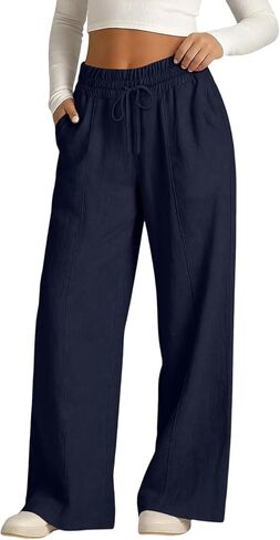 Womens Linen Palazzo Pants Summer Causal Elastic Waist Wide Leg Slacks Baggy Yoga Work Beach Trousers with Pockets in Saudi Arabia