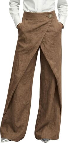 Women's Dreesy Linen Pants Business Casual Wrap Palazzo Pants High Waisted Wide Leg Trousers Work Office Outfits in Saudi Arabia